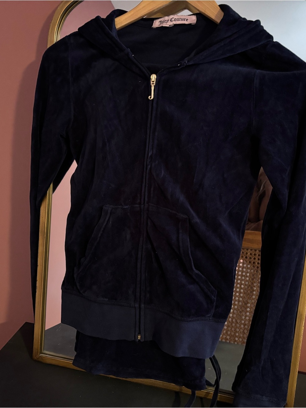 Y2K Juicy Couture Navy Velour Zip Hoodie and Pants Set